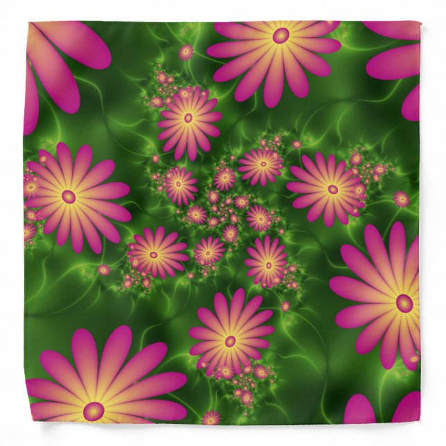 Pink Fantasy Flowers Modern Abstract Fractal Art Bandana (Front)