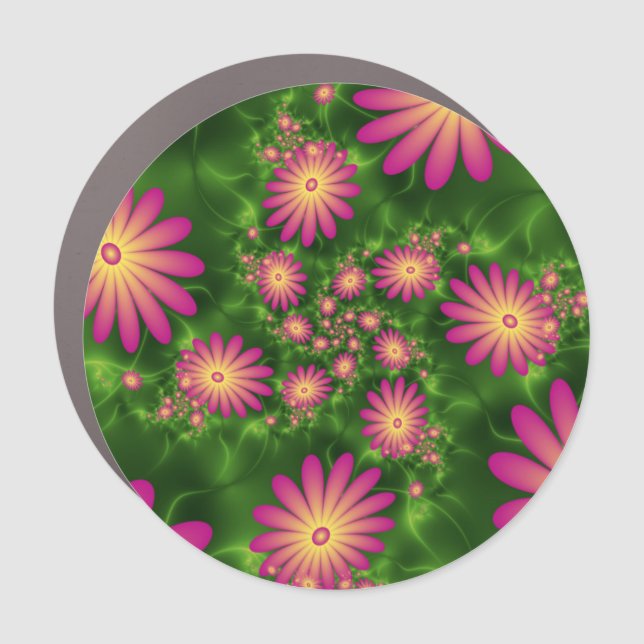 Pink Fantasy Flowers Modern Abstract Fractal Art Car Magnet
