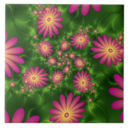 Pink Fantasy Flowers Modern Abstract Fractal Art Ceramic Tile