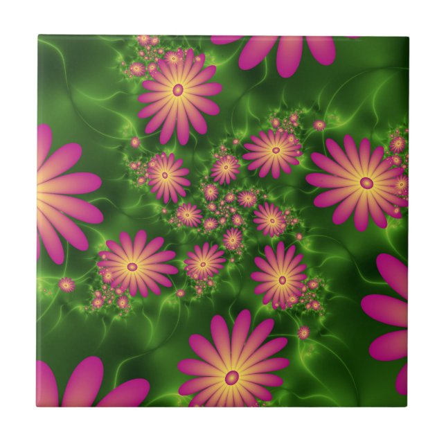 Pink Fantasy Flowers Modern Abstract Fractal Art Ceramic Tile (Front)