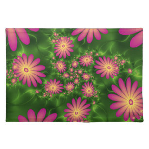 Pink Fantasy Flowers Modern Abstract Fractal Art Cloth Placemat