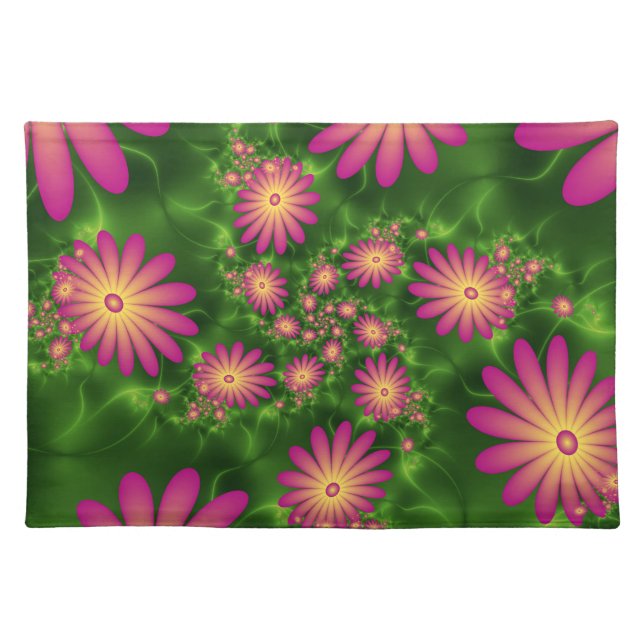 Pink Fantasy Flowers Modern Abstract Fractal Art Cloth Placemat (Front)