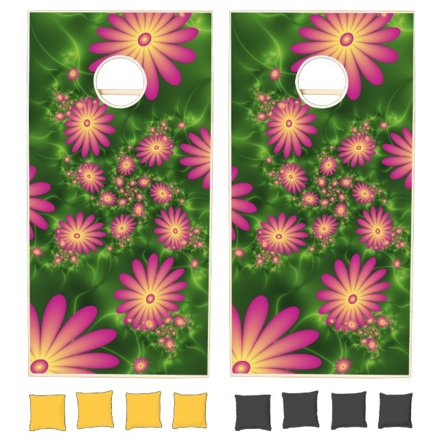 Pink Fantasy Flowers Modern Abstract Fractal Art Cornhole Set (Set)
