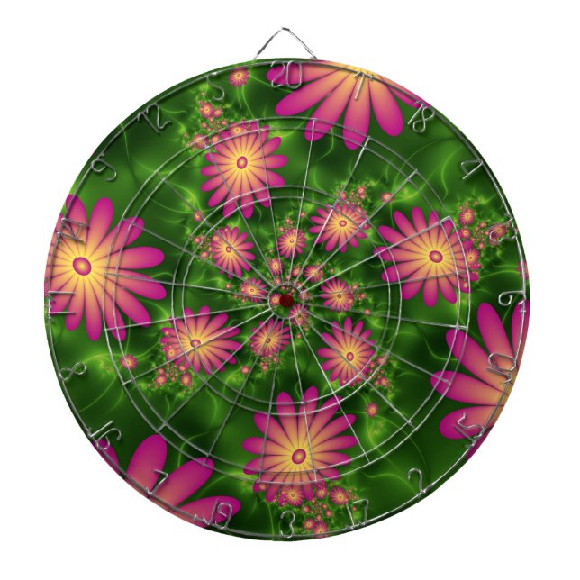 Pink Fantasy Flowers Modern Abstract Fractal Art Dart Board (Front)