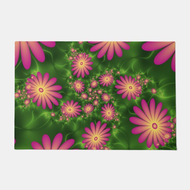 Pink Fantasy Flowers Modern Abstract Fractal Art Doormat (Front)