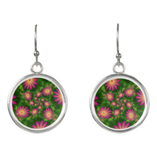 Pink Fantasy Flowers Modern Abstract Fractal Art Earrings