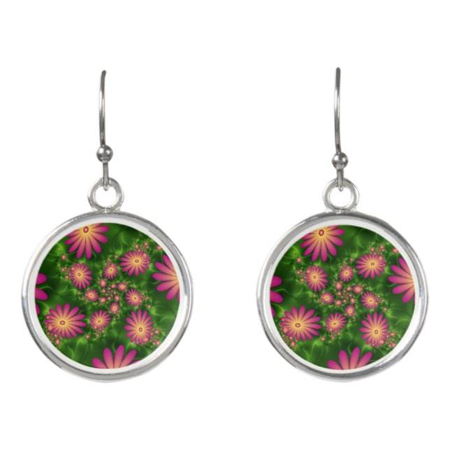 Pink Fantasy Flowers Modern Abstract Fractal Art Earrings (Front)