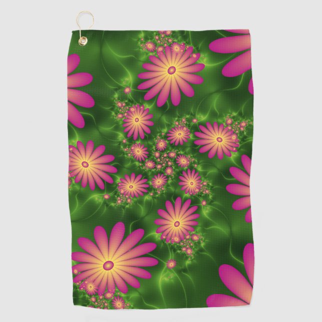 Pink Fantasy Flowers Modern Abstract Fractal Art Golf Towel (Front)