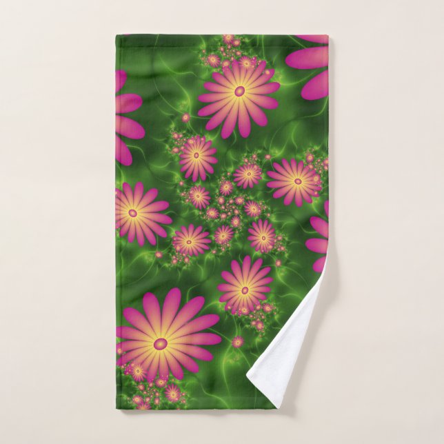 Pink Fantasy Flowers Modern Abstract Fractal Art Hand Towel (Hand Towel)