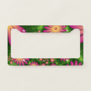 Pink Fantasy Flowers Modern Abstract Fractal Art License Plate Frame