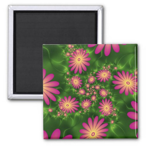 Pink Fantasy Flowers Modern Abstract Fractal Art Magnet