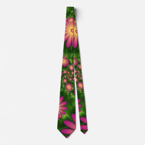 Pink Fantasy Flowers Modern Abstract Fractal Art Neck Tie