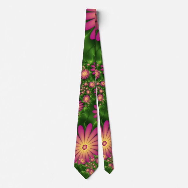 Pink Fantasy Flowers Modern Abstract Fractal Art Neck Tie (Front)