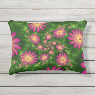 Pink Fantasy Flowers Modern Abstract Fractal Art Outdoor Pillow