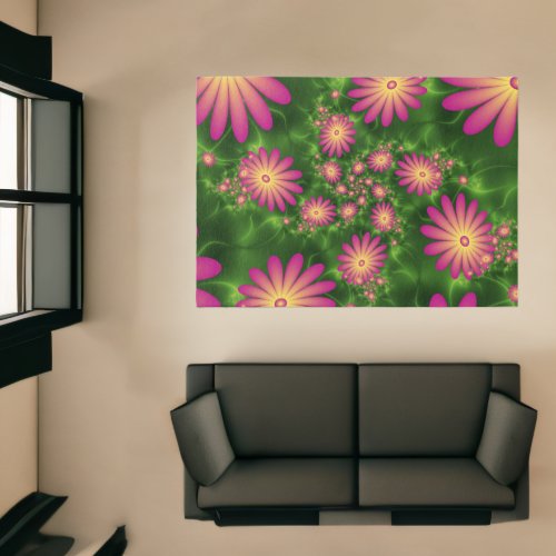 Pink Fantasy Flowers Modern Abstract Fractal Art Rug