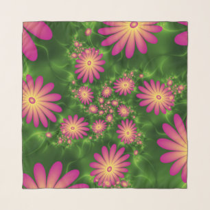 Pink Fantasy Flowers Modern Abstract Fractal Art Scarf