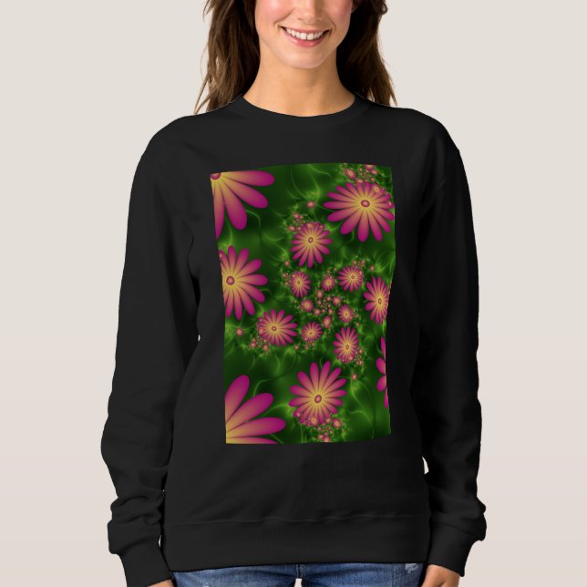 Pink Fantasy Flowers Modern Abstract Fractal Art Sweatshirt (Front)