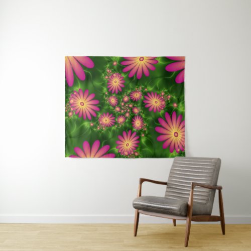 Pink Fantasy Flowers Modern Abstract Fractal Art Tapestry