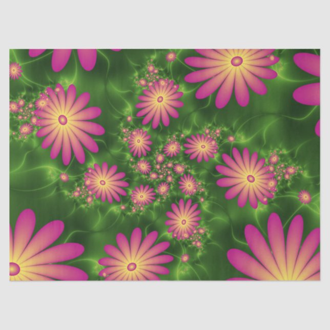 Pink Fantasy Flowers Modern Abstract Fractal Art Tissue Paper (Front)