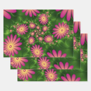 Pink Fantasy Flowers Modern Abstract Fractal Art Wrapping Paper Sheets