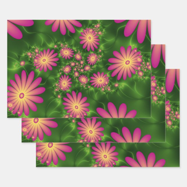 Pink Fantasy Flowers Modern Abstract Fractal Art Wrapping Paper Sheets (Set)
