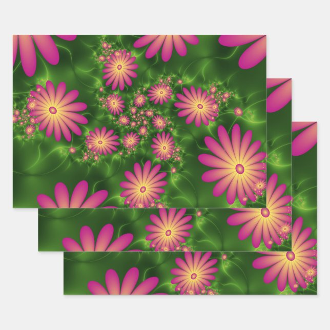 Pink Fantasy Flowers Modern Abstract Fractal Art Wrapping Paper Sheets (Set)