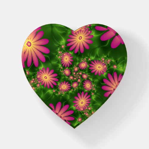 Pink Fantasy Flowers Modern Abstract Fractal Heart Paperweight