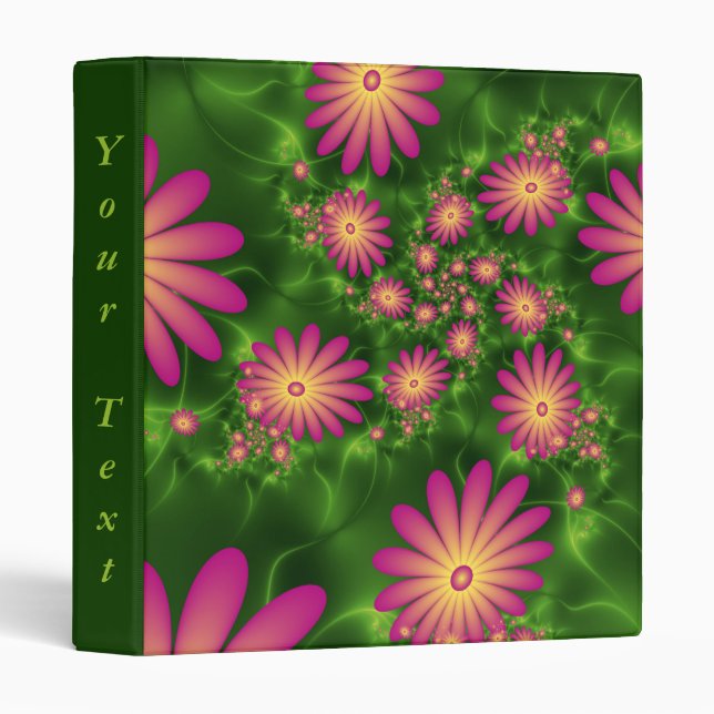 Pink Fantasy Flowers Modern Abstract Fractal Text 3 Ring Binder (Front/Spine)