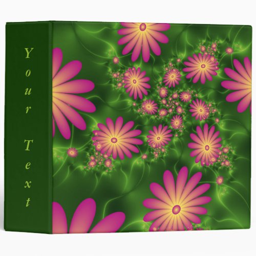 Pink Fantasy Flowers Modern Abstract Fractal Text 3 Ring Binder