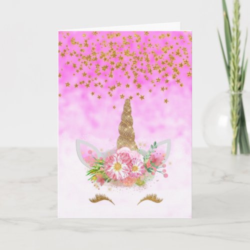 Pink Fantasy Unicorn Face Birthday Card