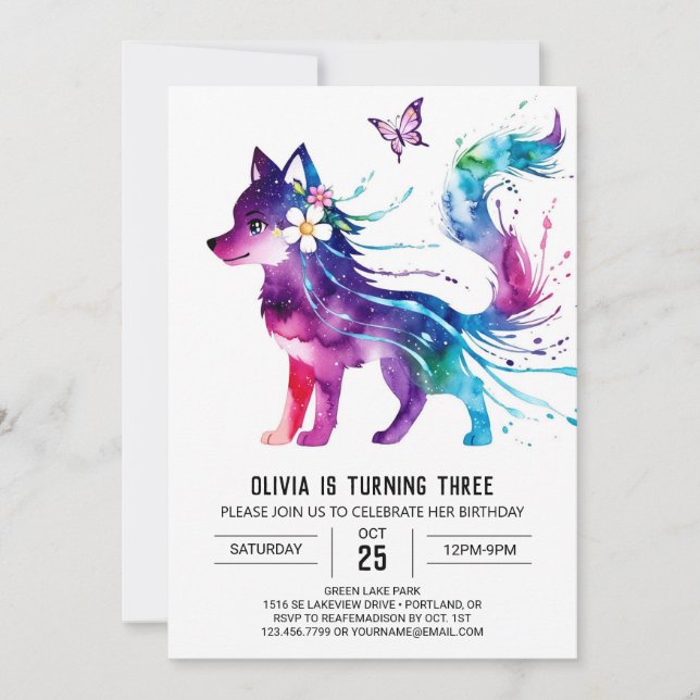Pink Fantasy Wolf Digital Girl Birthday Invitation (Front)