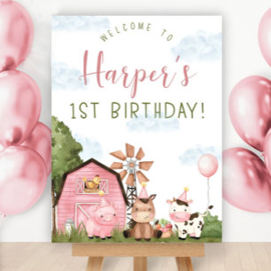 Pink Farm 1st Birthday Welcome Sign Template Flora