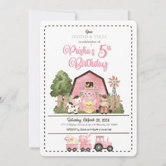 Pink Farm Animal Birthday Invitation