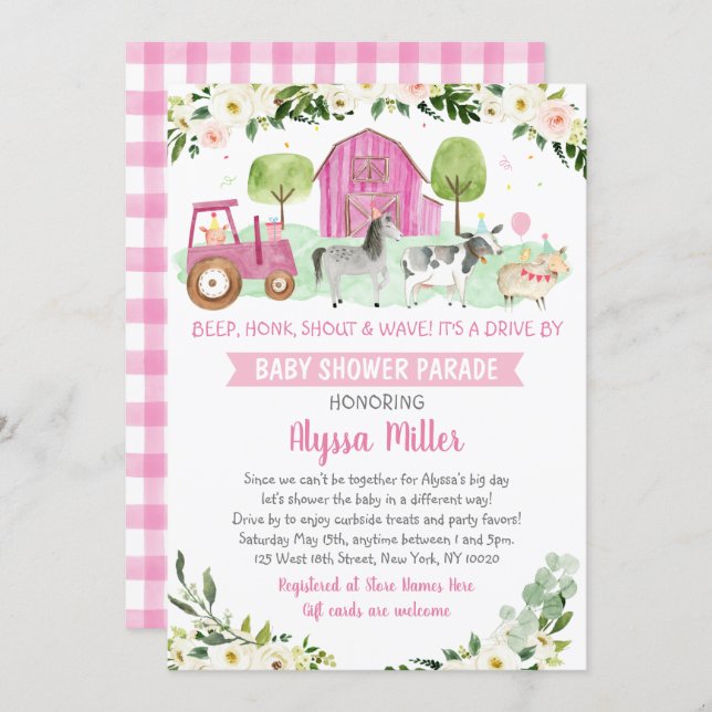 Pink Farm Animal Drive By Baby Shower Parade Invitation (Front/Back)
