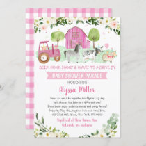 Pink Farm Animal Drive By Baby Shower Parade Invitation