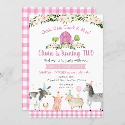 Pink Farm Animal Floral 2nd Birthday Invitation