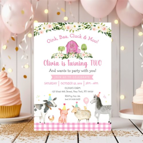 Pink Farm Animal Floral 2nd Birthday Invitation