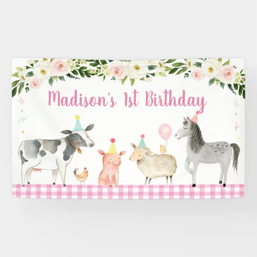 Pink Farm Animal Floral Birthday Banner