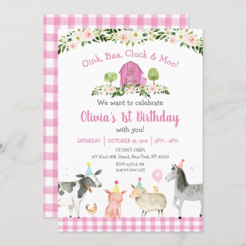Pink Farm Animal Floral Birthday Invitation