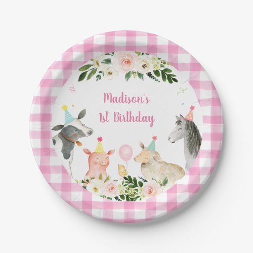Pink Farm Animal Floral Birthday Paper Plates