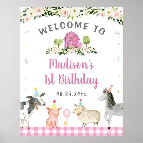 Pink Farm Animal Floral Birthday Welcome Poster