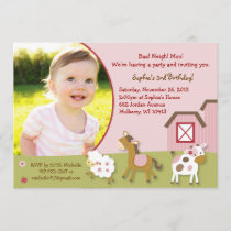 Pink Farm Animal Girl Photo Birthday Invitation