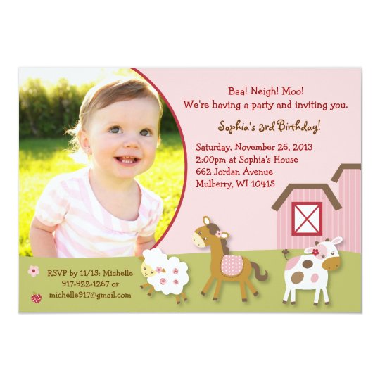 Pink Farm Animal Girl Photo Birthday Invitation