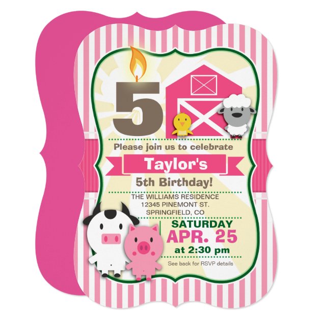 Pink Farm Animal, Girl's Birthday Party Invitation