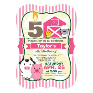Pink Farm Animal, Girl's Birthday Party Card