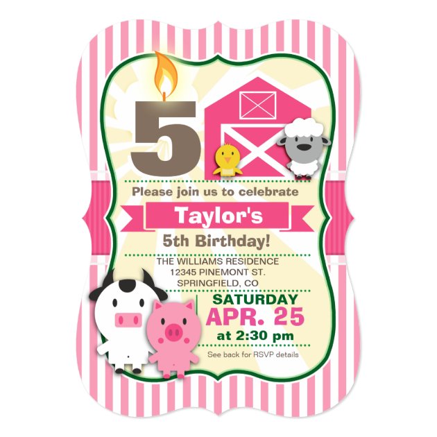 Pink Farm Animal, Girl's Birthday Party Invitation