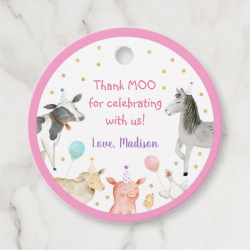 Pink Farm Animal Thank Moo Birthday Favor Tags