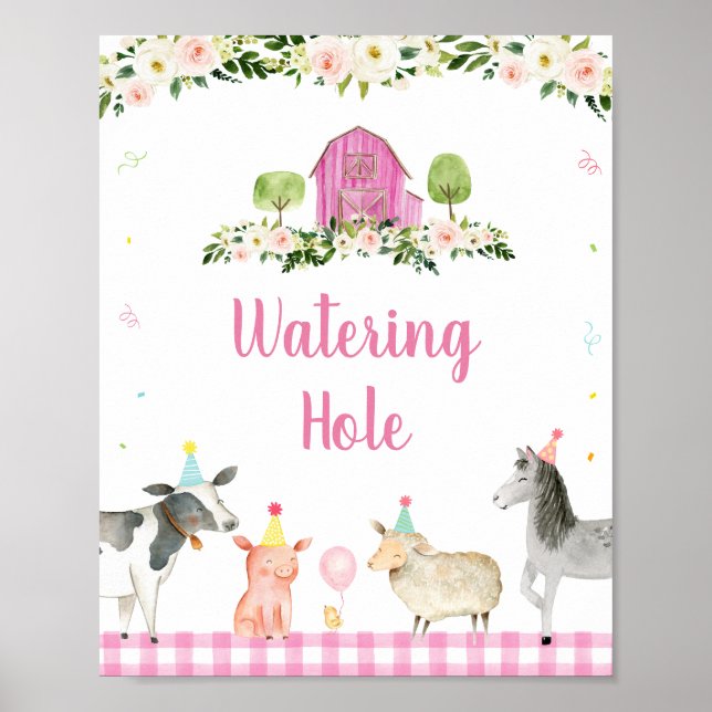 Pink Farm Animal Watering Hole Birthday Sign (Front)