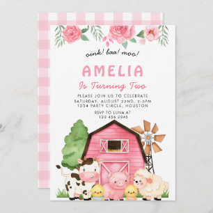 pink Farm Animals 2nd Birthday Party girl Invitation
