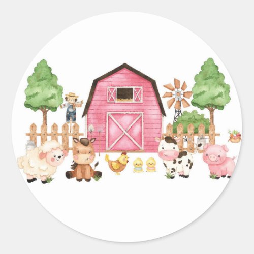 Pink Farm Animals Baby Shower  Classic Round Sticker